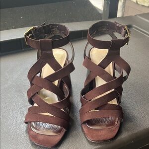 Vince Camuto Dark Brown Strappy Suede Ankle-Wrap Heels